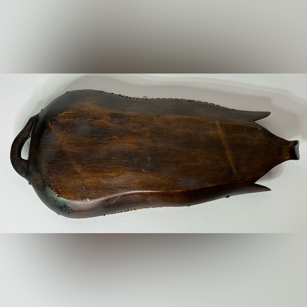 Vintage Wood and Wicker Carved‎ Pig Basket Fruit Trinket Tray 18.5" Long - Picture 9 of 10